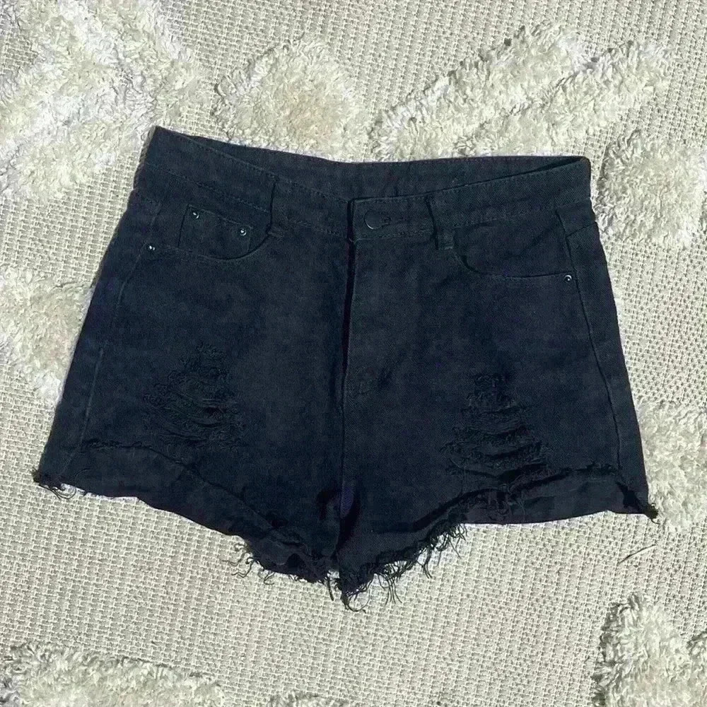 High Waist Ripped Frayed Black Denim Shorts - Picture 2 of 6